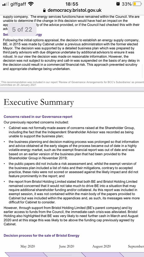 Screenshot from the auditors report: “Cabinet was not formally made aware of concerns raised at the Shareholder Group, including the fact that the Independent Shareholder Advisor was recorded as being unable to support the business plan”