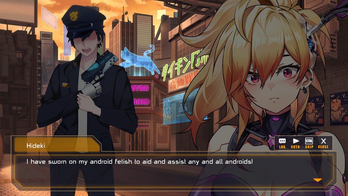 The protagonist tells Nova he'll protect her, even if his doing it because he has an android fetish