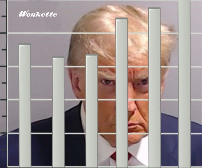 Donald Trump's mug shot, with a generic bar graph overlayed to make it look like he's in jail Donald Trump's mug shot, with a generic bar graph overlayed to make it look like he's in jail