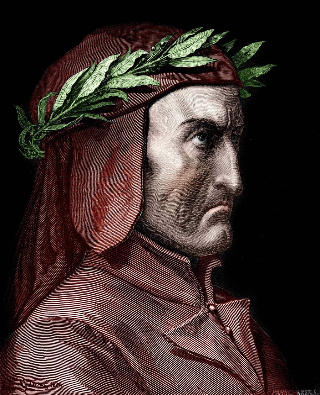 Portrait of Dante Alighieri (1265-1321), Italian writer. Engraving by  Gustave Doré from 1860.