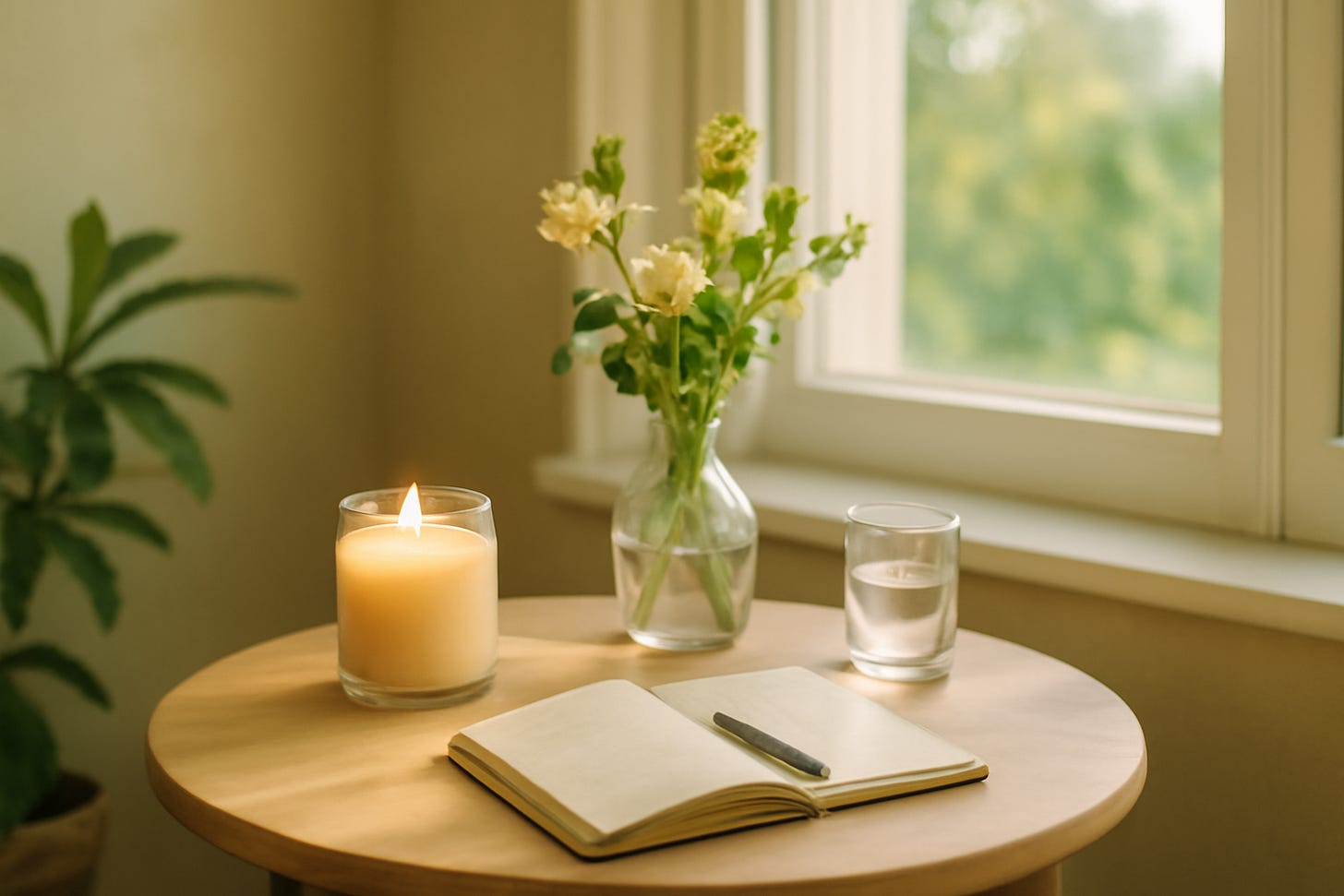 A small table with a lit glass candle, a notebook, a cup of water, and flowers near a window. A small table with a lit glass candle, a notebook, a cup of water, and flowers near a window.