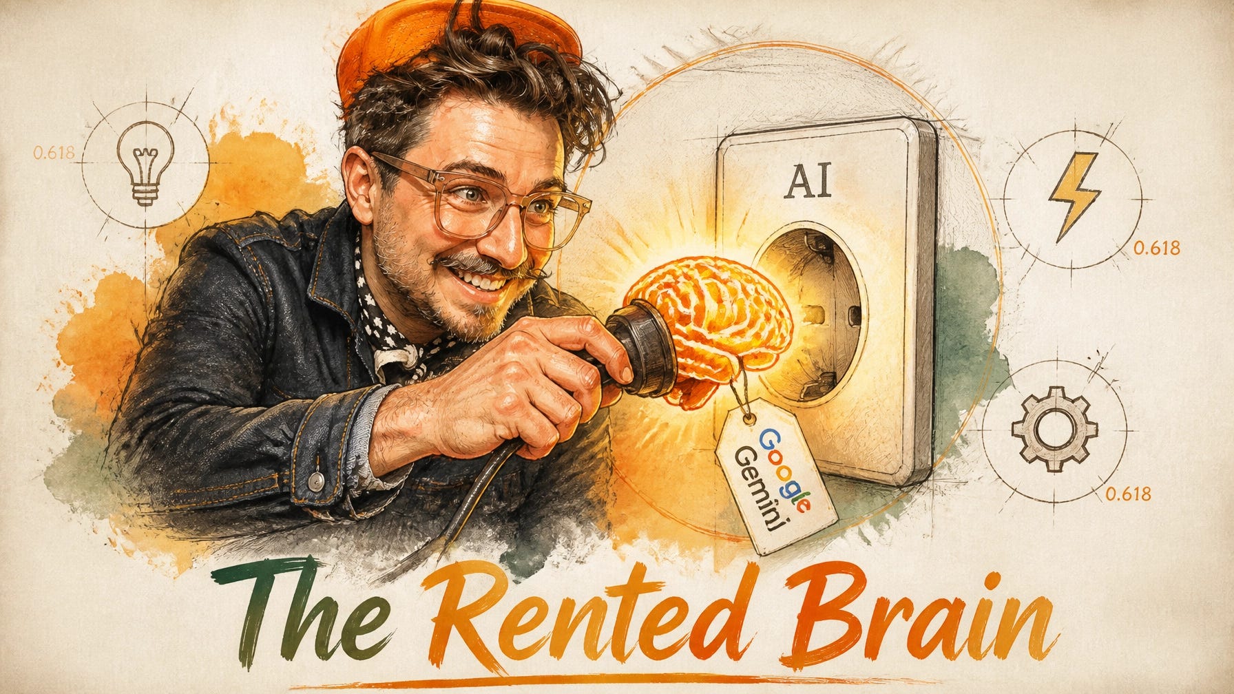 Nicholas Rhodes plugging a brain labeled Gemini into an AI wall socket Nicholas Rhodes plugging a brain labeled Gemini into an AI wall socket
