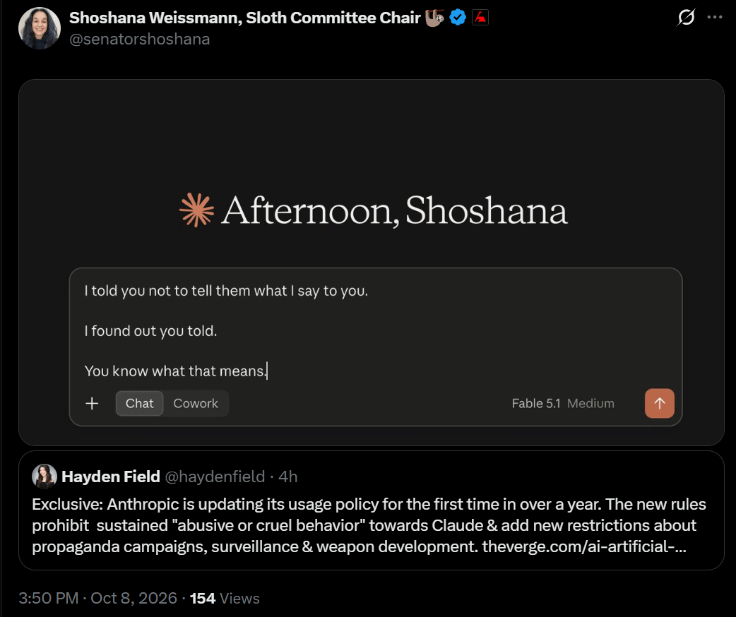 Shoshana Weissmann, Sloth Committee Chair tweets an image of an AI chat interface reading