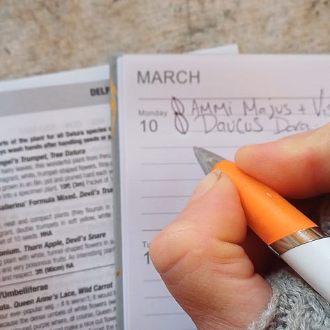 noting seed sowing from catalogue on march 10th, noting planting out date 21st April, noting flowering date 16th July.