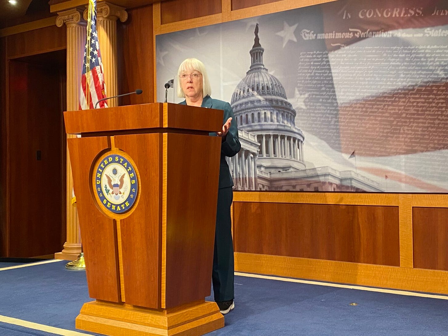 U.S. Sen. Patty Murray, D-Wash., speaks to reporters during a press conference inside the U.S. Capitol on Thursday, March 27, 2025. (Photo by Jennifer Shutt/States Newsroom) U.S. Sen. Patty Murray, D-Wash., speaks to reporters during a press conference inside the U.S. Capitol on Thursday, March 27, 2025. (Photo by Jennifer Shutt/States Newsroom)