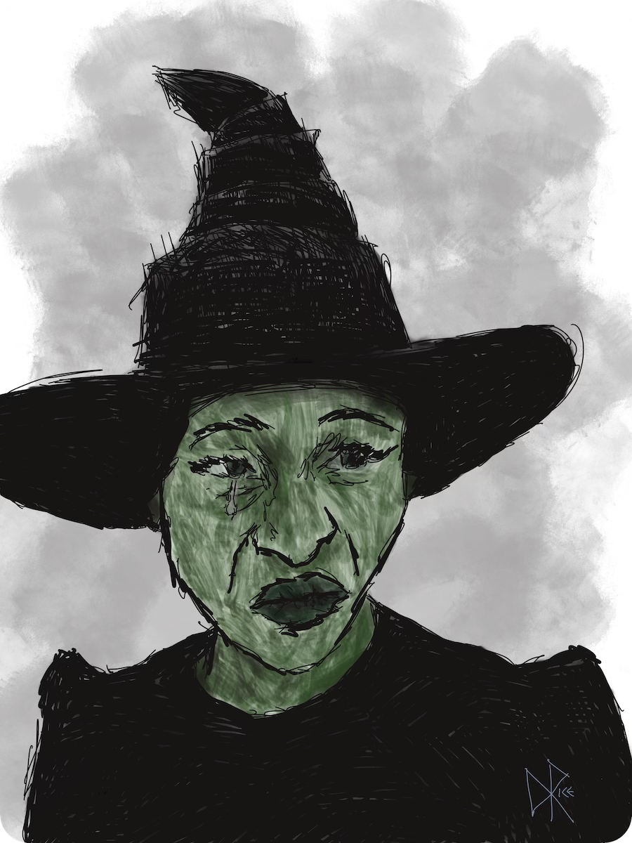 Cynthia Erivo as Elphaba Thropp, a.k.a. the Wicked Witch. A tear runs down her cheek. Sketch art by Don Rice.