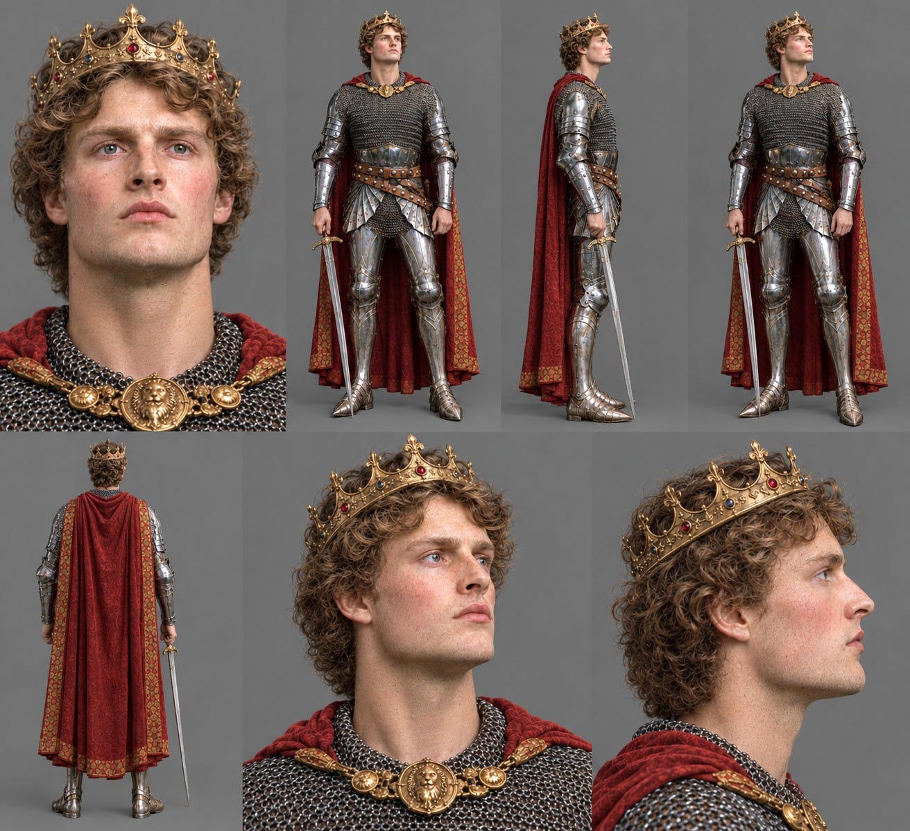 Final character reference sheet: King Arthur from seven angles, crowned, sword in his right hand