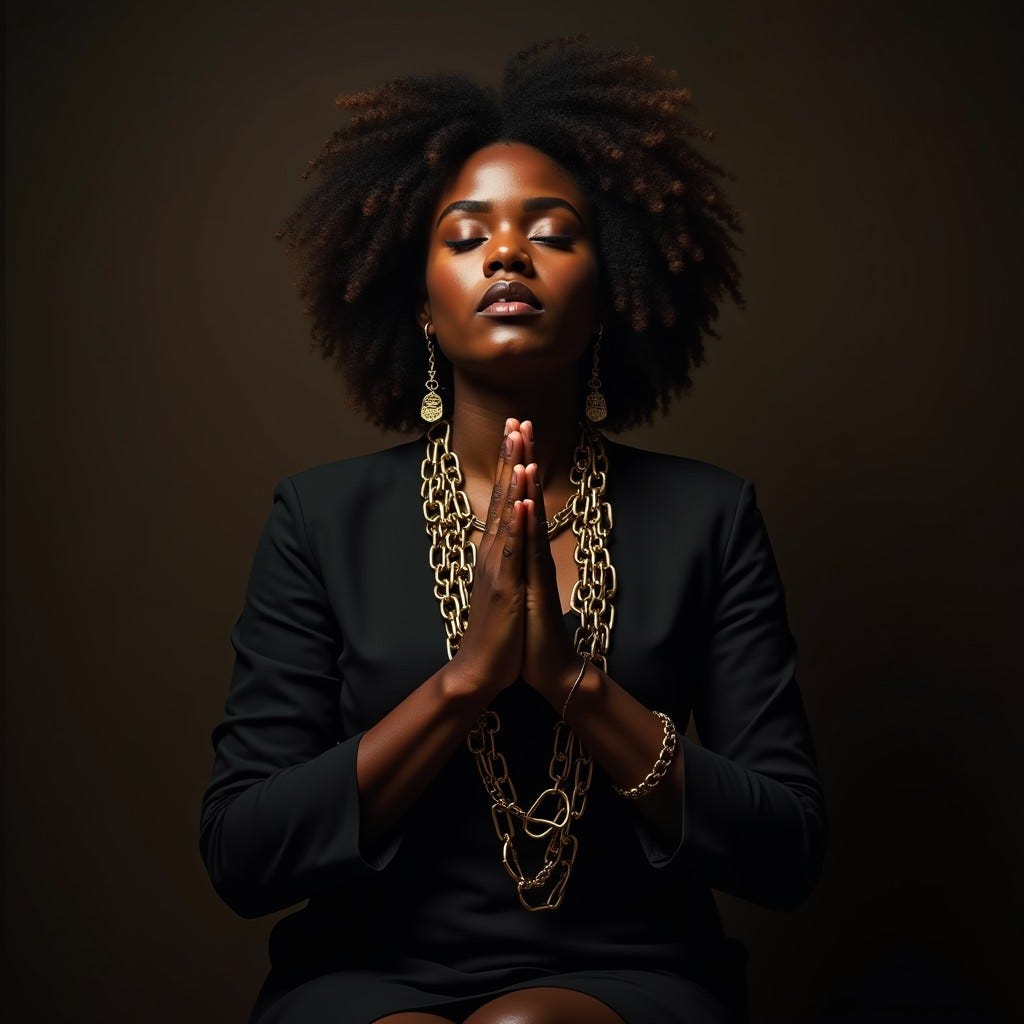 Provide me a realistic image of an African American woman with black and gold outfit on sitting  with friends in a studio, in solid clothing, praying with eyes closed, and  breaking chains with both hands, 8K Resolution