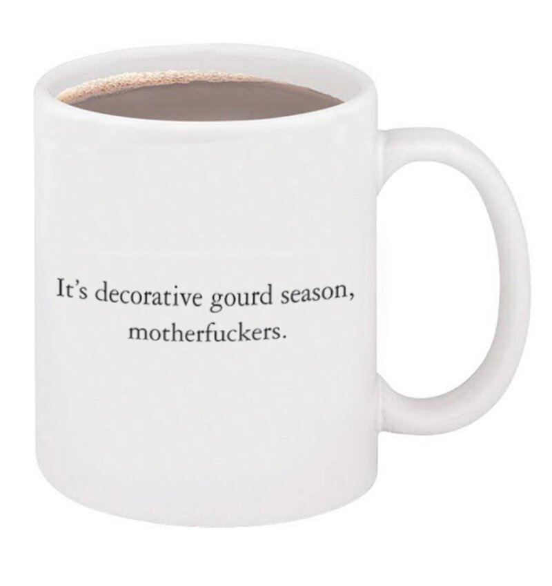 White mug with black text reading "It's decorative gourd season, motherfuckers"