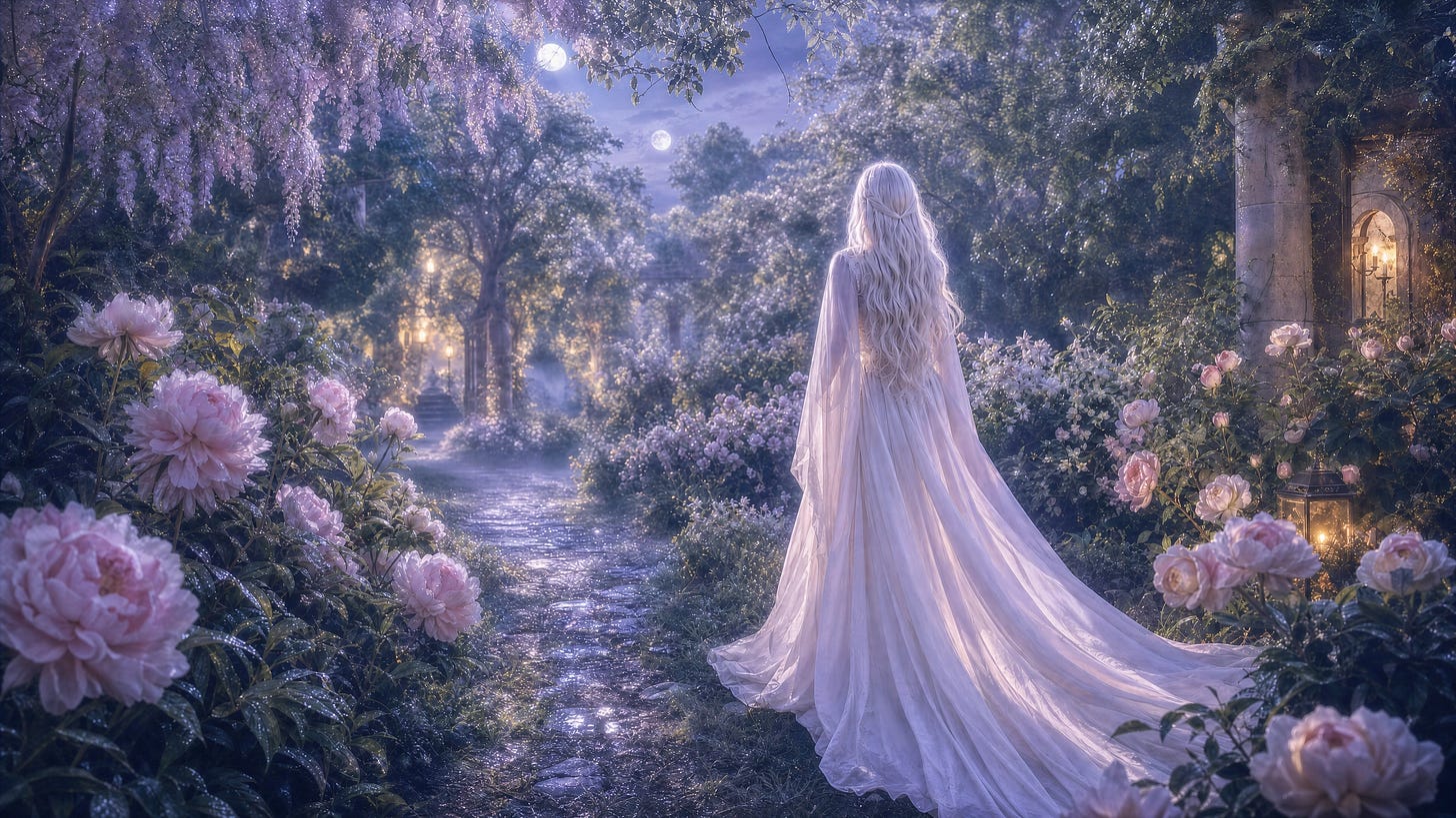 A woman with long white hair, dressed in white, walks away through a moonlit garden under the silver glow of the Blue Moon, surrounded by flowers and foliage. A woman with long white hair, dressed in white, walks away through a moonlit garden under the silver glow of the Blue Moon, surrounded by flowers and foliage.