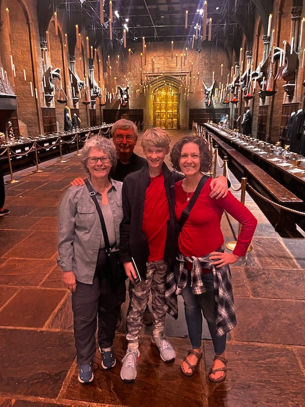 Susan, John, Hudson, Becky in the Hogwart's dining room outside London