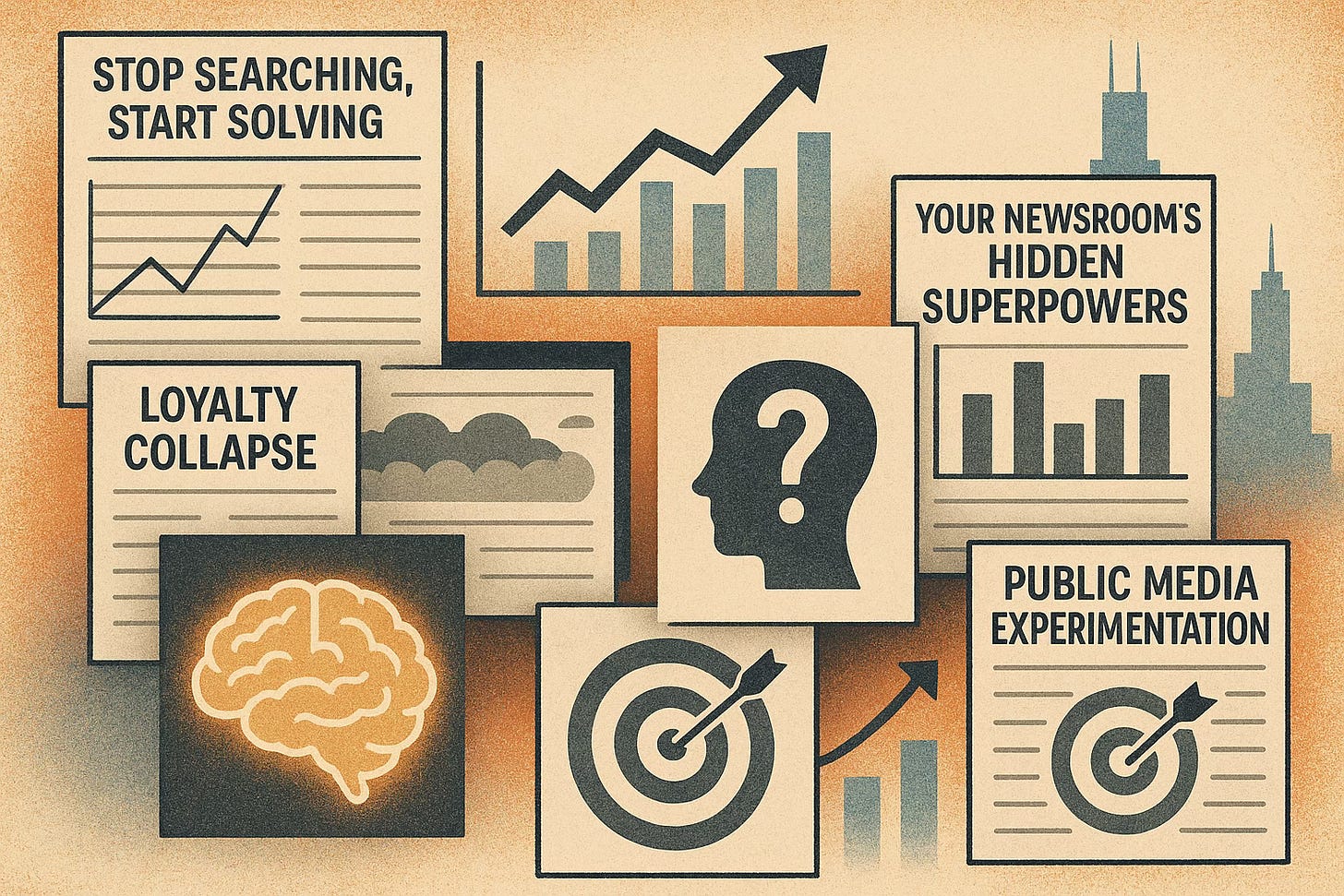 Digital illustration combining newspaper pages, analytics charts, a glowing brain, and abstract icons representing audience loyalty, mental clarity, and innovation, set against a subtle Chicago skyline backdrop. Digital illustration combining newspaper pages, analytics charts, a glowing brain, and abstract icons representing audience loyalty, mental clarity, and innovation, set against a subtle Chicago skyline backdrop.