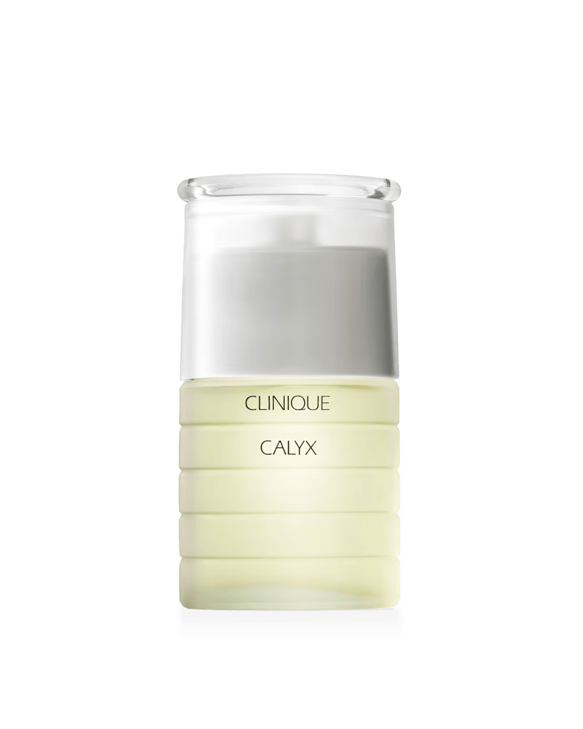 A bottle of Clinique Calyx fragrance with a transparent design and light yellow liquid inside.