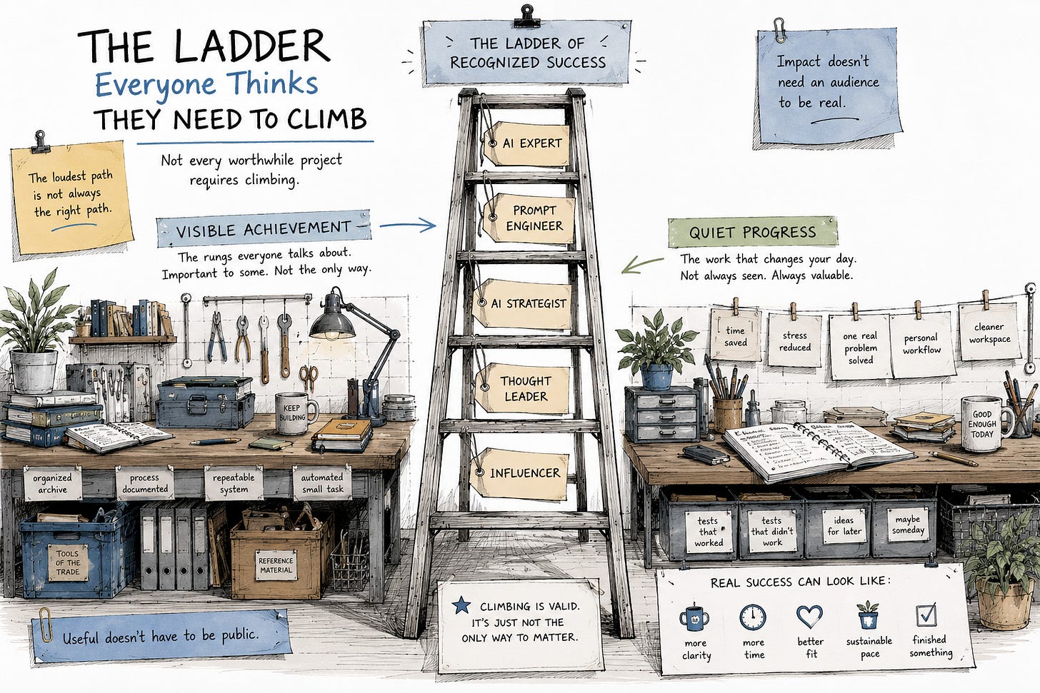 A ladder of recognized success labeled AI expert, prompt engineer, AI strategist, thought leader, and influencer, with quiet progress shown beside it: time saved, stress reduced, one real problem solved, a finished small thing. A ladder of recognized success labeled AI expert, prompt engineer, AI strategist, thought leader, and influencer, with quiet progress shown beside it: time saved, stress reduced, one real problem solved, a finished small thing.