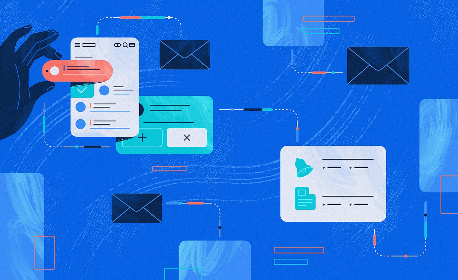 App screens and windows on the blue background connected to each other.