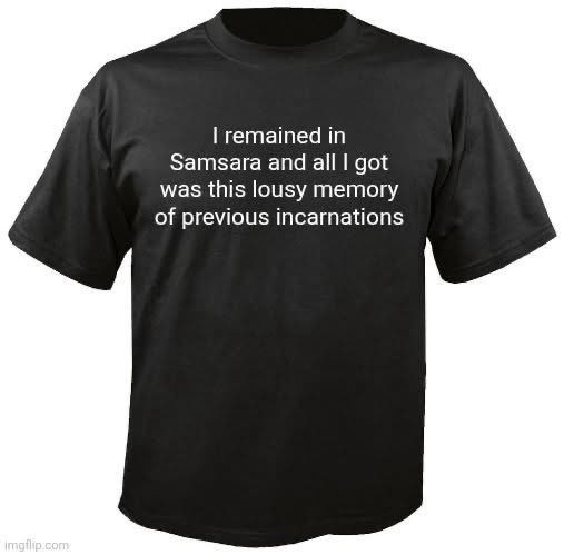 A black T-shirt with white text reading "I remained in Samsara and all I got was this lousy memory of previous incarnations." An Imgflip watermark is present at the bottom.