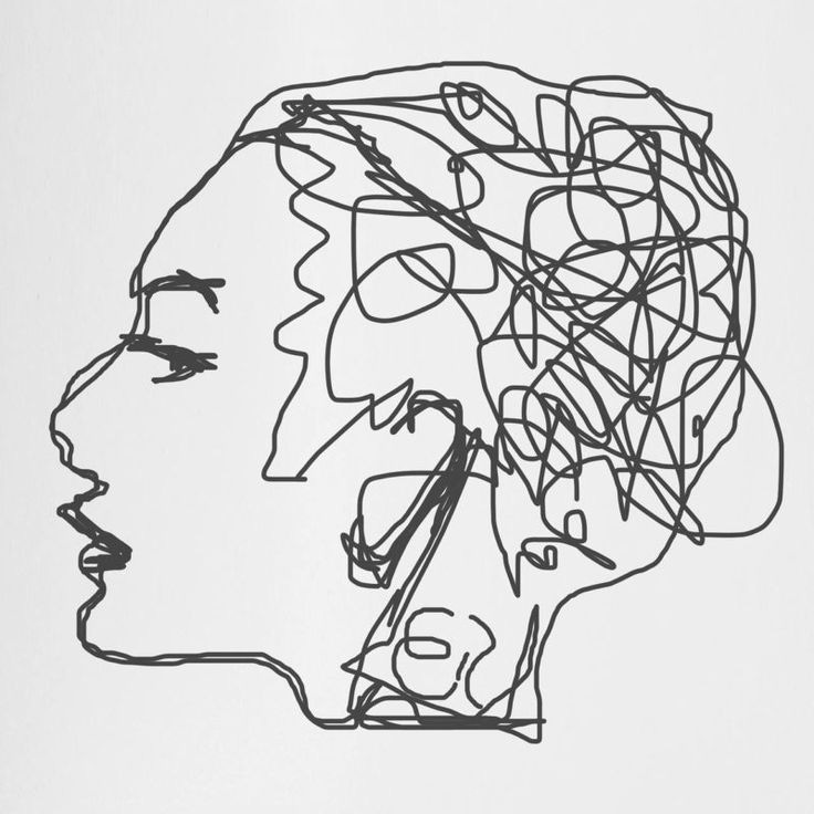 This may contain: a black and white drawing of a woman's head with many lines on it