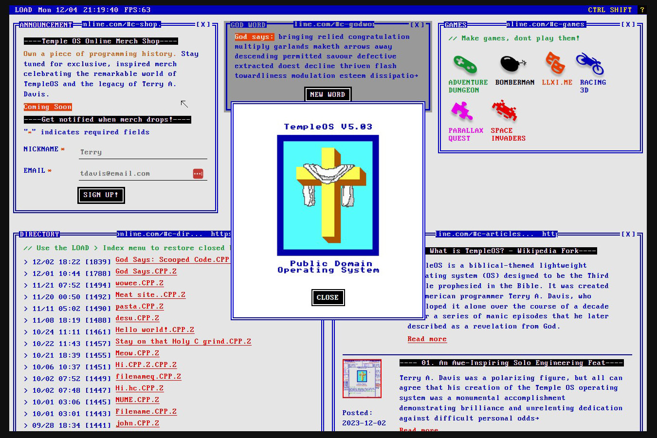 TempleOS: The Faith-Infused Operating System and the Life of Terry A. Davis