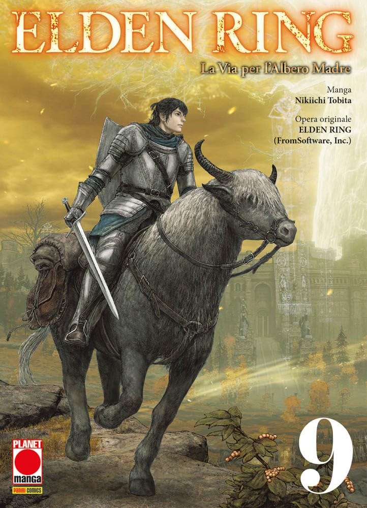 Book cover for Elden Ring La Via per l Albero Madre manga volume 9 by Nikiichi Tobita featuring an armored warrior riding a horned spectral steed while holding a sword. A golden sky and glowing tree branches loom above a distant castle, with Italian subtitle text and the Planet Manga logo at the bottom.