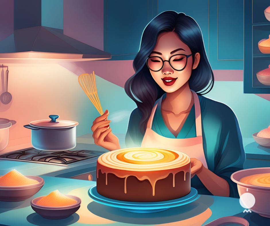 Illustration of Jordan, a food blogger, sitting at her desk surrounded by handwritten recipe notes, a laptop, and social media icons. She looks overwhelmed as she juggles blog posts, social posts, and content formats for multiple platforms.
