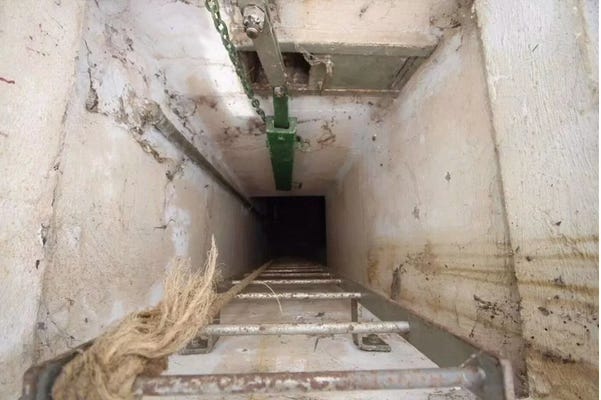 Photo of a metal ladder going down into a narrow space of white concrete walls so deep that the ladder descends in to a black space