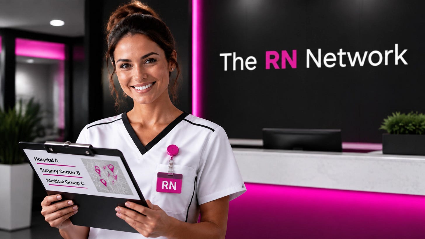 Registered nurse in a white scrub top reviewing potential employers in an outpatient setting