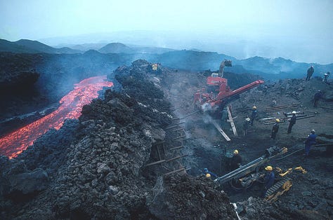 From L to R: Diverting Mount Etna (Gianni Tortoli), Diagram of 1983 diversion attempts (NPR), Satellite photo of recent 2021 eruption (ESA)