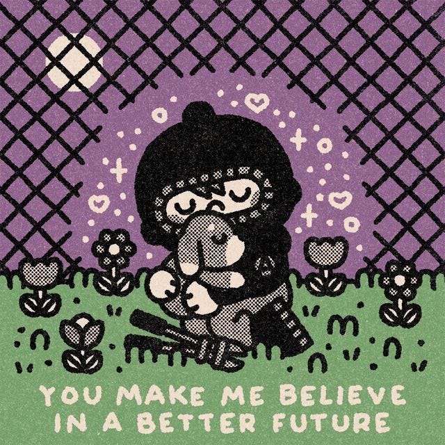 This may contain: a drawing of a girl holding a teddy bear in front of a fence with flowers and hearts