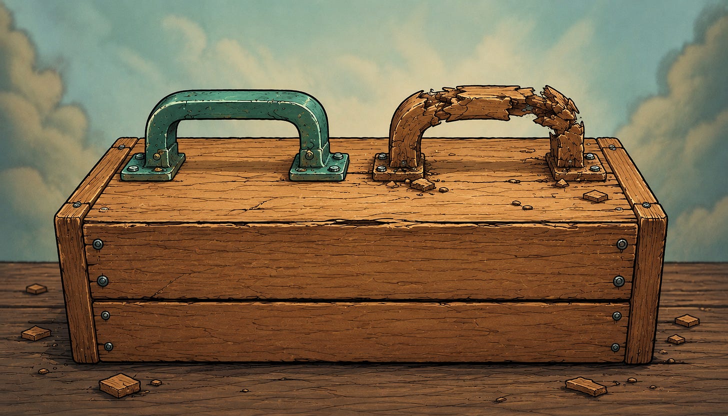 A crate with two handles. On the left is a sturdy, solid metal handle. On the right is a fragile, splintered, cracked wooden handle. 