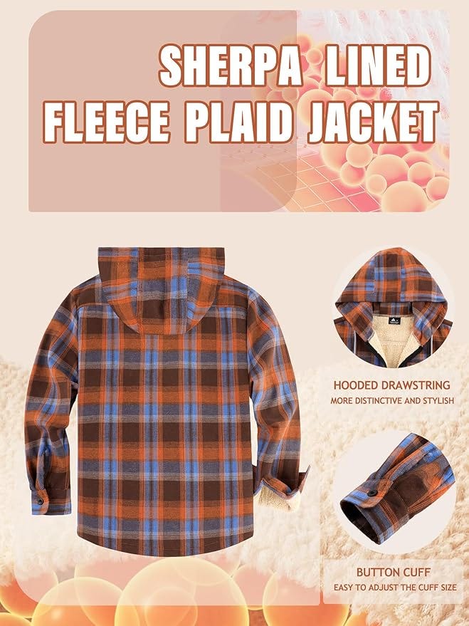 This fleece-lined flannel jacket keeps you warm and comfortable through colder months. Made from a soft polyester and cotton blend, it feels cosy without irritation. Full sherpa lining, including the sleeves, provides warmth without added bulk. It features a hood with drawstring, one chest pocket, two side pockets, and a classic buffalo plaid design. Ideal for layering, outdoor work, daily wear, or gifting. Machine washable and easy to care for. Check the size chart and size up for a relaxed fit.