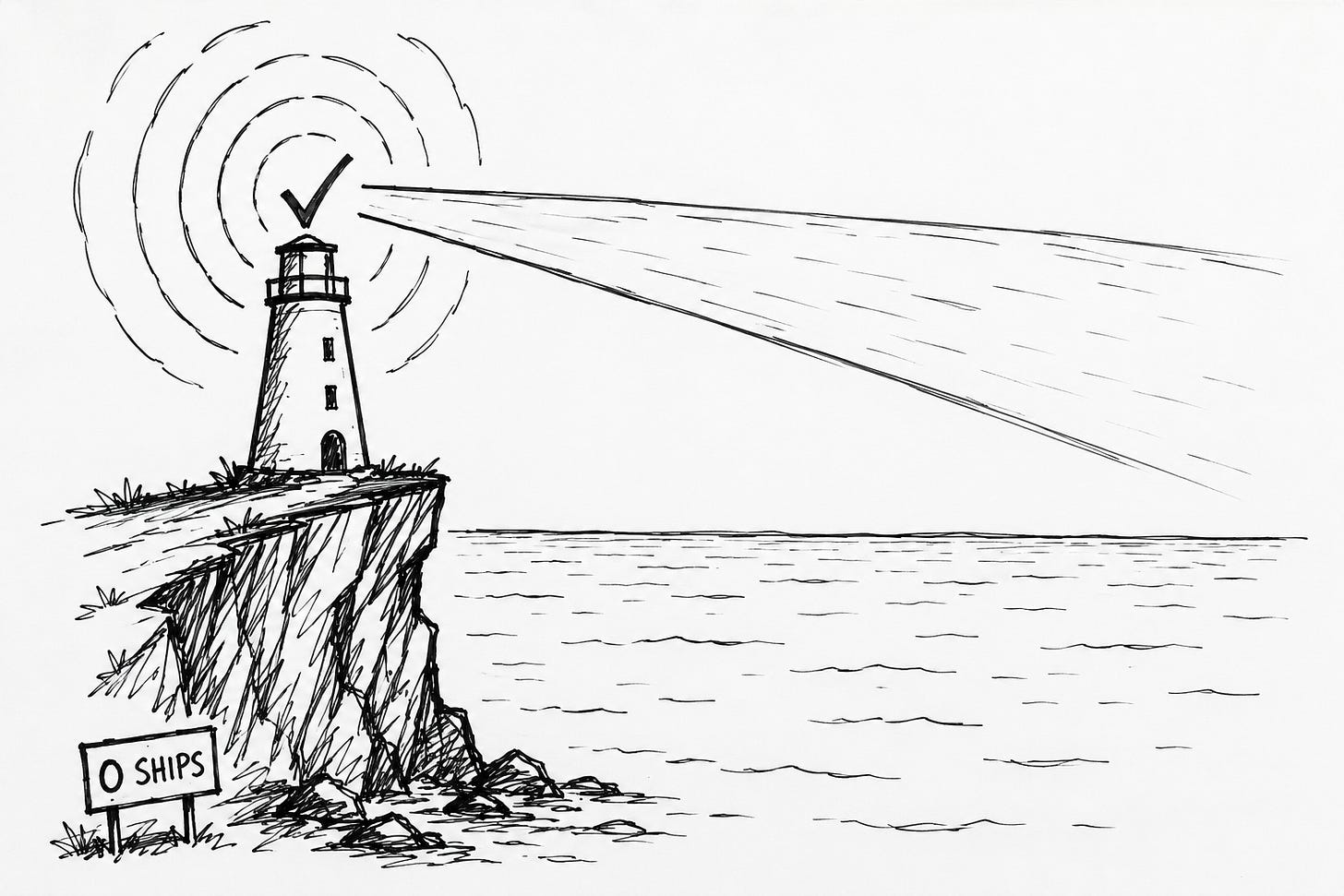 Black and white hand-drawn illustration of a lighthouse with a checkmark instead of a lamp, broadcasting pulsing signal rings and a beam across an empty ocean with a hand-lettered sign reading "0 ships." Illustrates the risk of guessing what to build instead of using audience research and Substack Notes to validate product-market fit before launch.