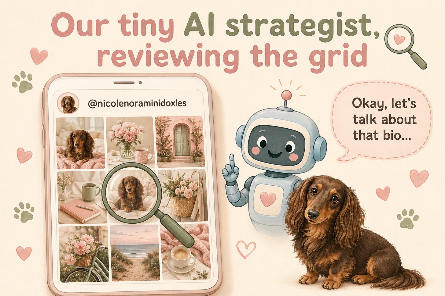 Illustration of a friendly AI strategist robot reviewing the Nicole and Nora Instagram grid with a magnifying glass, saying "Okay, let’s talk about that bio..."