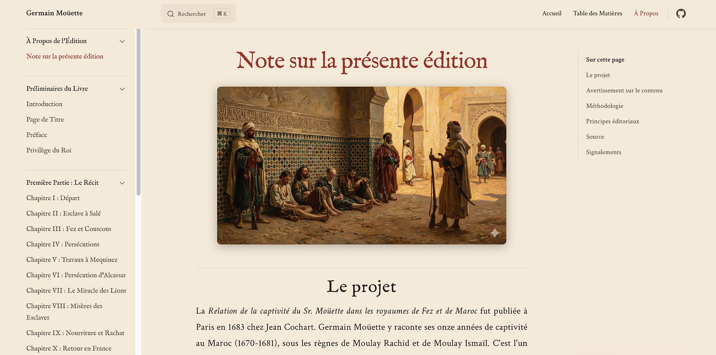 Alt: Homepage of the captivite-mouette book site showing the cover art, the title “Relation de la Captivité du Sieur Moüette dans les Royaumes de Fez et de Maroc”, and a table of contents with chapter links
