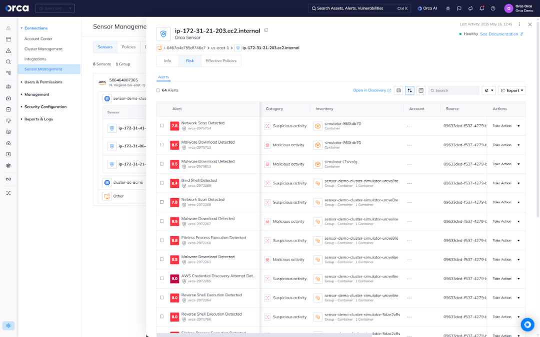 A screenshot of the Orca Platform showing users how to detect a wide range of potential prioritized threats in real-time