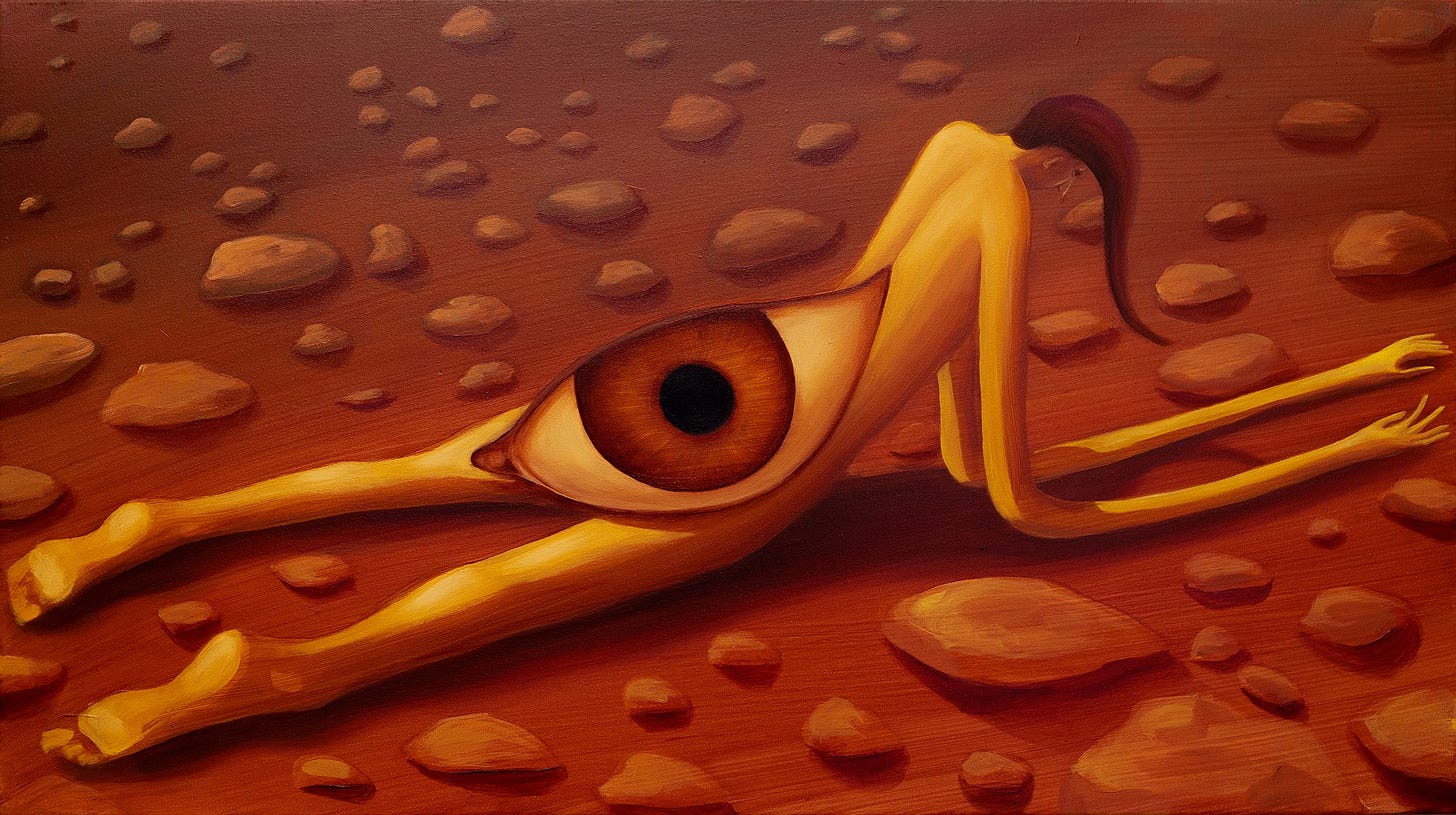 pintura a oleo em tons terrosos, mostrando um solo barroso com pedras claras espalhadas e um corpo nu de mulher de barriga pra baixo, o tronco meio levantado com as maos apoiadas no chao. ha um olho gigante e marrom aberto no lugar da bunda