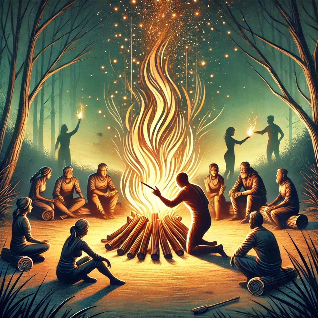 A symbolic and artistic illustration of a 'firestarter' with people gathered around a warm, glowing fire. The firestarter is kneeling by the fire, tending to it and adding wood, symbolizing their role in sparking inspiration and transformation. Around the fire, a group of people are sitting and standing, engaging with one another, looking inspired, and enjoying the fire’s warmth. The setting is a natural environment, like a forest clearing at twilight, with soft shadows and a calming atmosphere. The fire’s sparks rise into the air, illuminating the surrounding area with a warm glow, symbolizing community, shared purpose, and the spread of energy and passion.