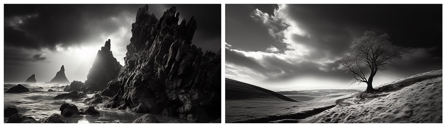 Two images generated in the style of John Perivolaris