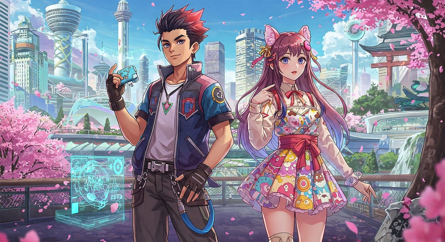 Create an image with two manga style characters representing the intersection of Media Worlds (movies, tv, video games) and Expo 2025 Osaka
