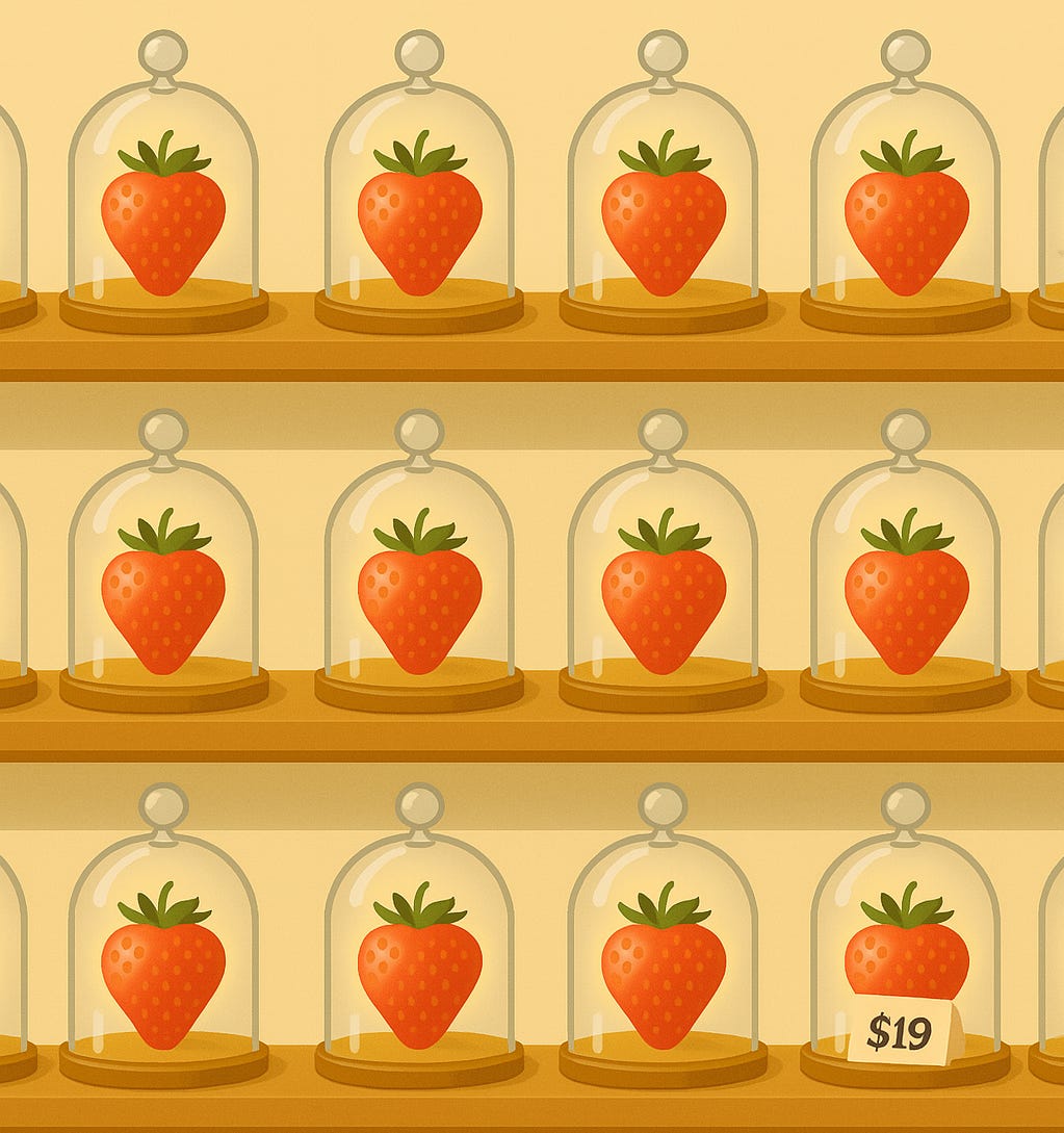 Rows of identical strawberries displayed under glass cloches on wooden shelves. One strawberry on the bottom row is marked with a small price tag that reads "$19."