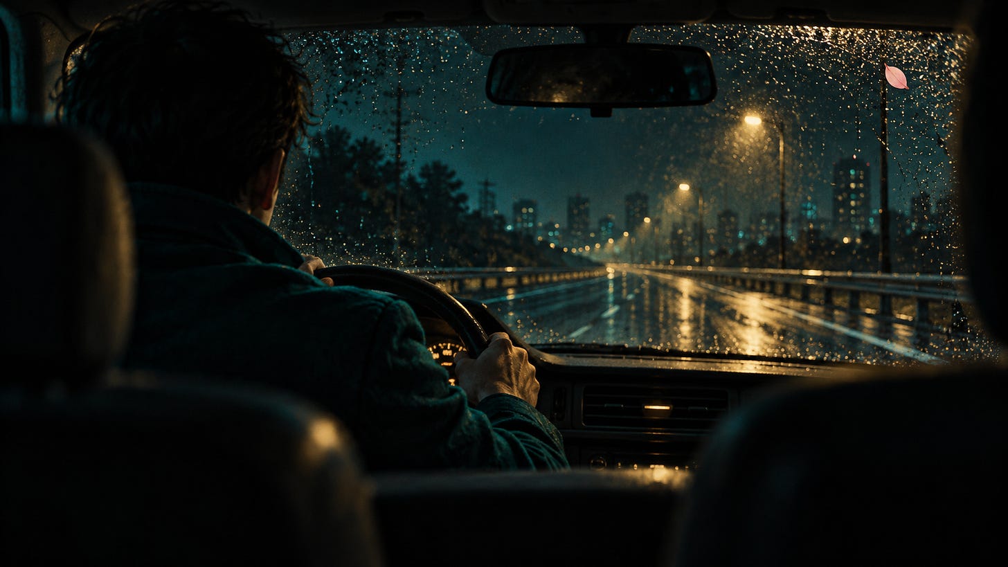 A man driving home at night in the rain, seen from behind A man driving home at night in the rain, seen from behind