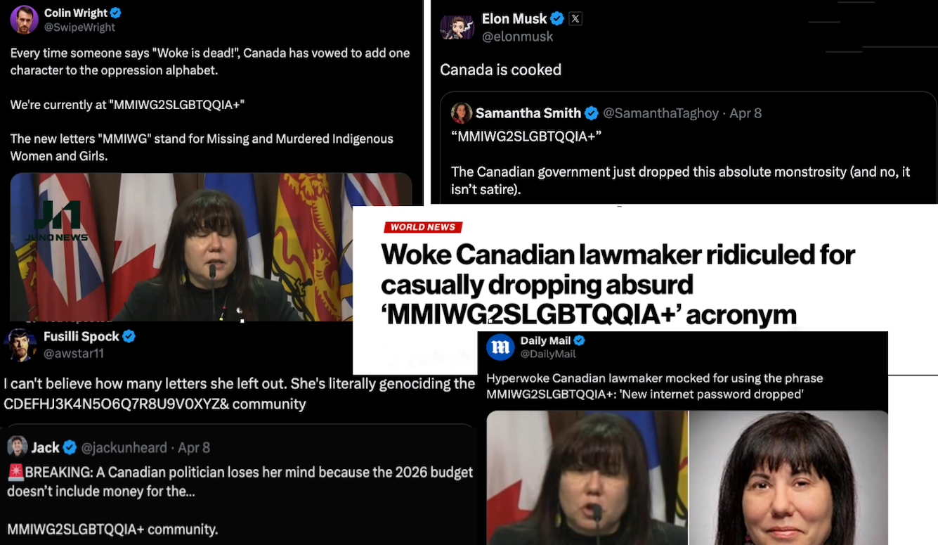 A collage of posts on X (Twitter) about Leah Gazan’s use of the acronym MMIWG2SLGBTQQIA+. 