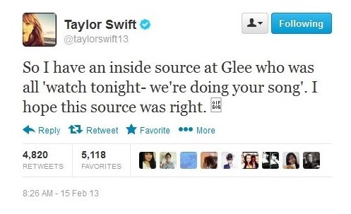Taylor Swift Updates on X: "8 years ago today, taylor swift tweeted: I have  an inside source at Glee who was all 'watch tonight- we're doing your  song'. I hope this source