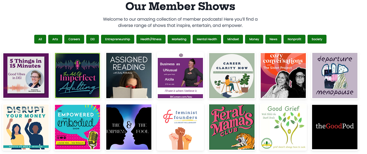 white background with green buttons and a variety of podcast covers featuring shows from the collective