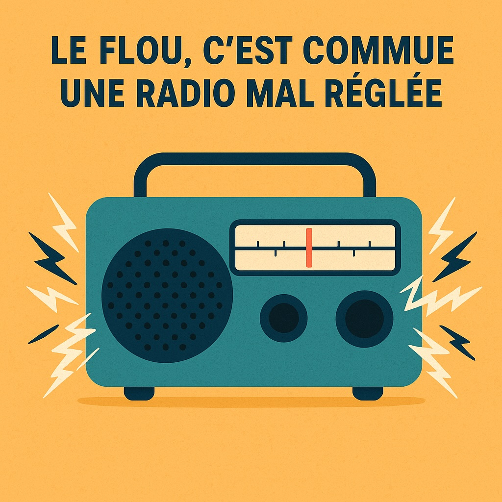 Illustration d'une radio vintage mal réglée, avec des parasites sonores visuels autour, accompagnée du texte "Le flou, c’est comme une radio mal réglée".