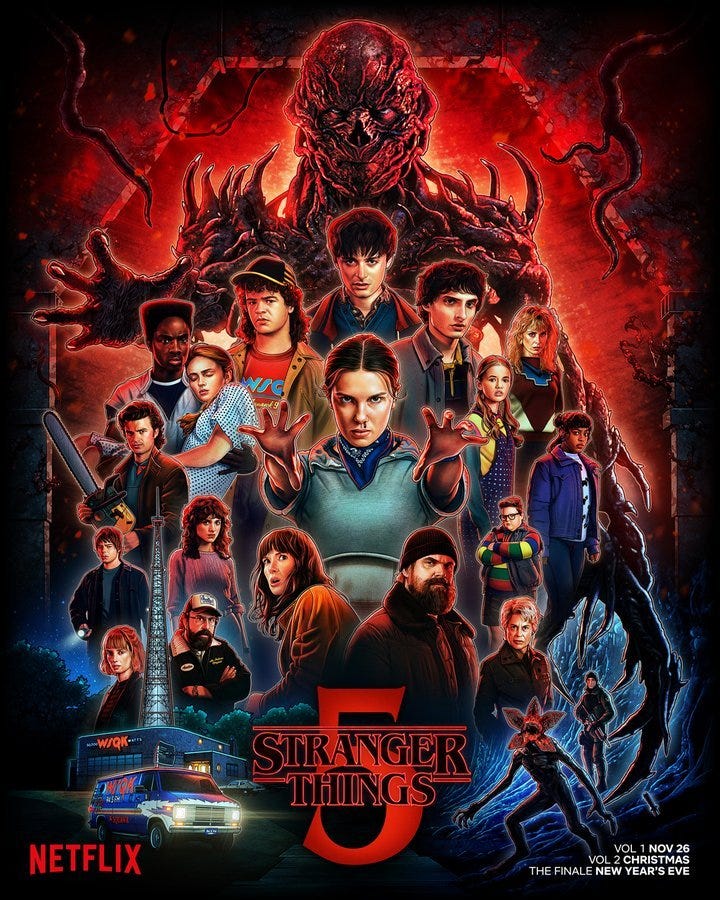 May be an image of text that says 'Wn STRANGER THIINGS NETFLIX VOL NOV 26 VOL CHRIST MAS THE FINALE NEW THEFINALENEWYEAR'SEVE YEAR EVE'