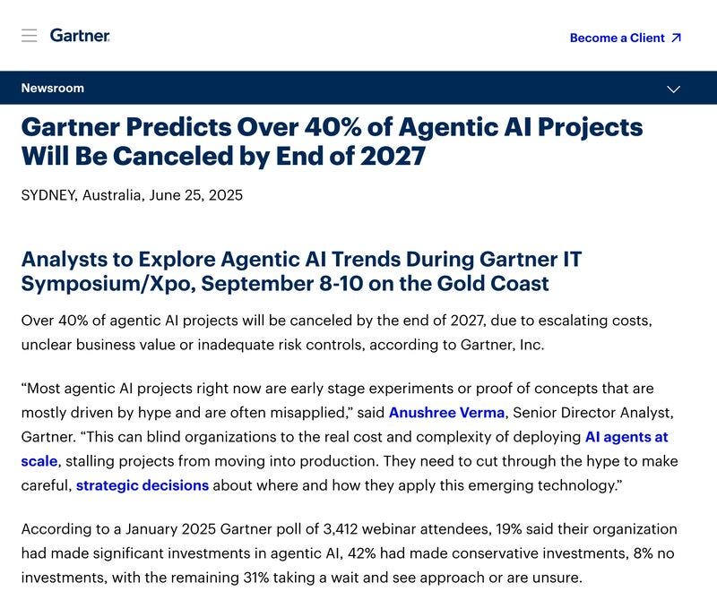 🚨 Gartner: 40% of Agentic AI Projects Will Be Canceled by 2027 | Armand Ruiz 🚨 Gartner: 40% of Agentic AI Projects Will Be Canceled by 2027 | Armand Ruiz