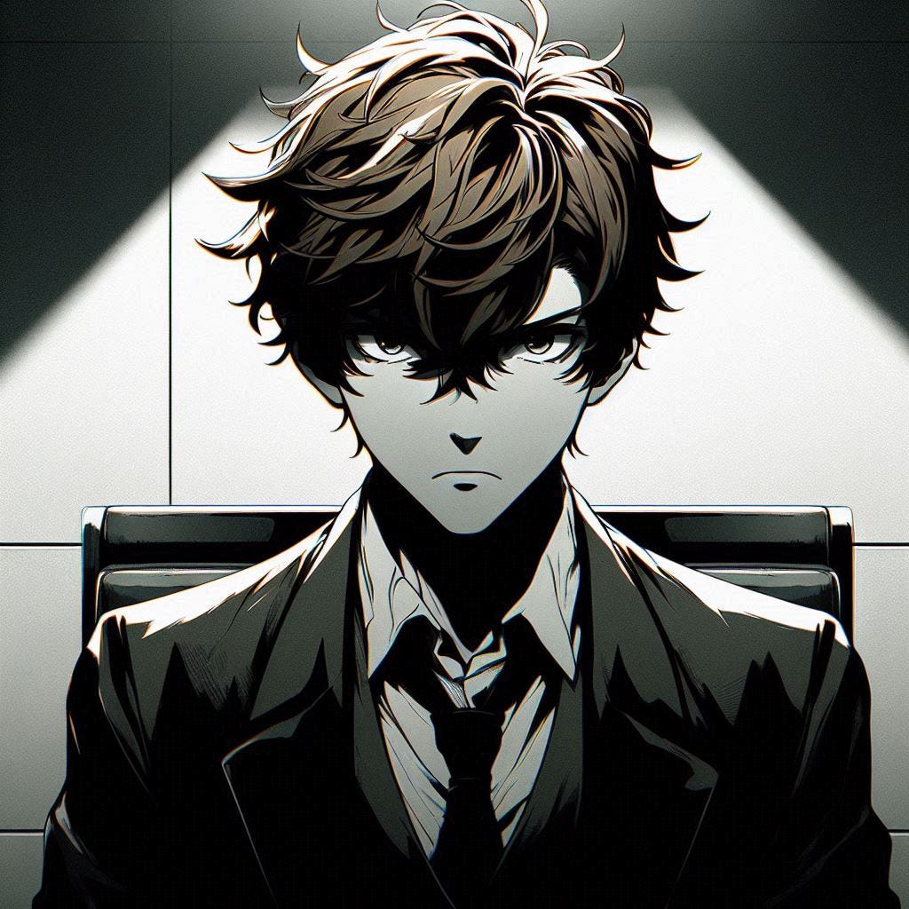 a young man with brown hair sitting in an interrogation room. anime art style. dark. looking angry.
