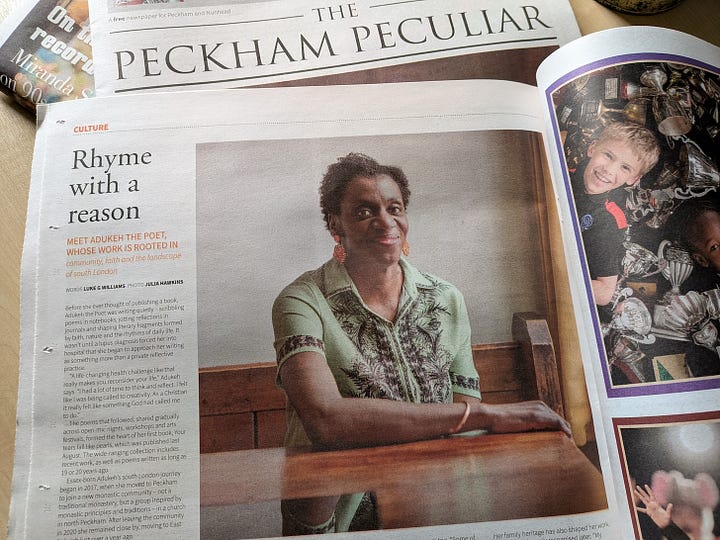 2 images both of the articles featuring an interview with Adukeh the Poet in The Peckham Peculiar and The Dulwich Diverter. Each features a photo of the poet smiling and looking relaxed.