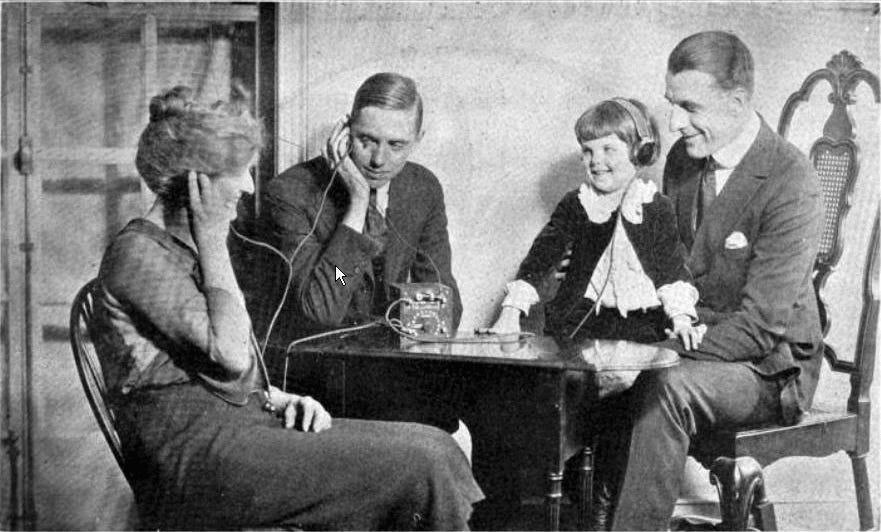 Foto di una famiglia americana degli anni '20 che ascolta una radio a galena. Immagine tratta da una pubblicità del 1922 della Freed-Eisemann Radios pubblicata su Radio World magazine. Licenza: Public Domain. Foto di una famiglia americana degli anni '20 che ascolta una radio a galena. Immagine tratta da una pubblicità del 1922 della Freed-Eisemann Radios pubblicata su Radio World magazine. Licenza: Public Domain.