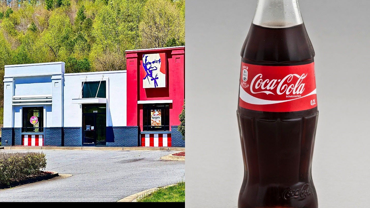 A KFC restaurant in Murphy, North Carolina, and a Coca-Cola bottle. Images: Harrison Keely and Ralf Roletschek via Wikimedia Commons